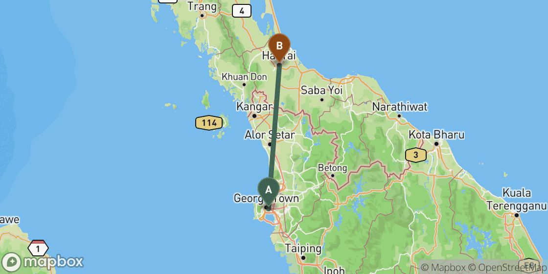 Kaart met de route van Penang naar Hat Yai - 180 km