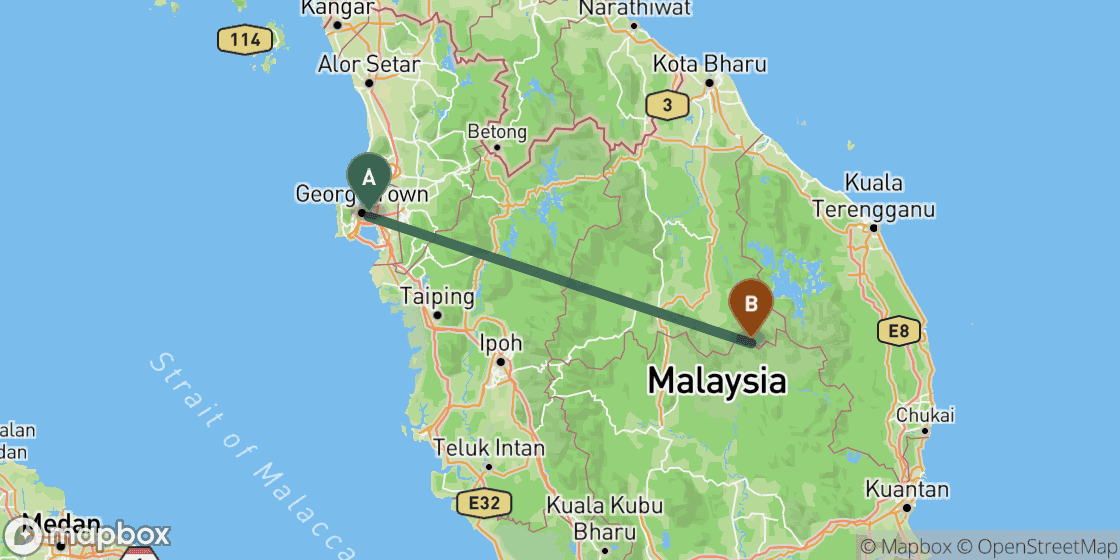 Carte montrant l’itinéraire de Penang à Taman Negara - 246 km