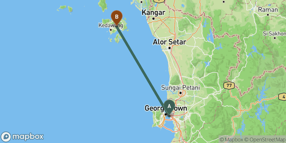 Map showing route from Penang to Langkawi - 122 km