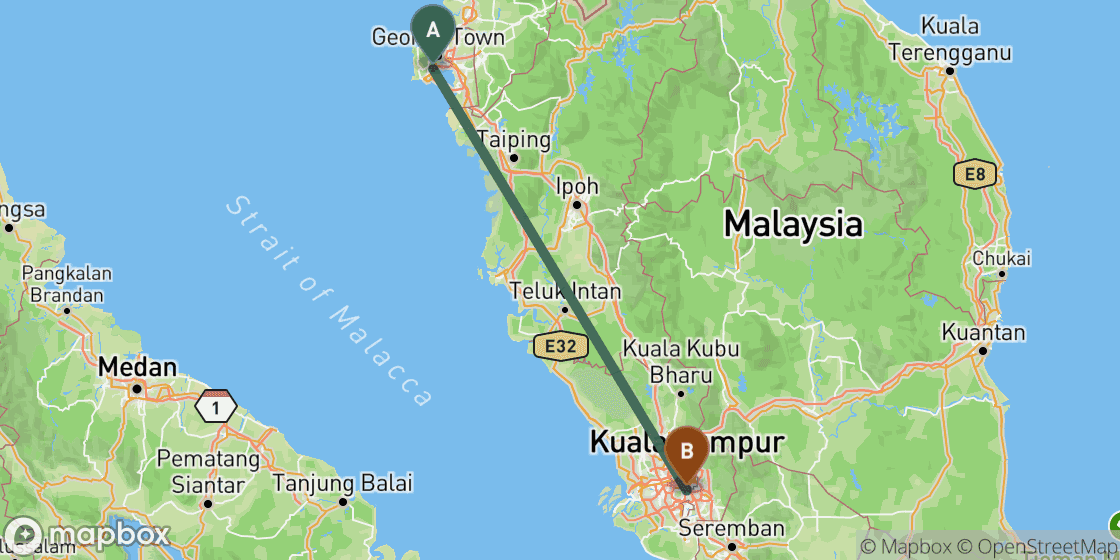 Karte mit der Route von Penang nach Kuala Lumpur - 291 km