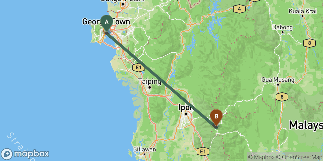 Kaart met de route van Penang naar Cameron Highlands - 161 km