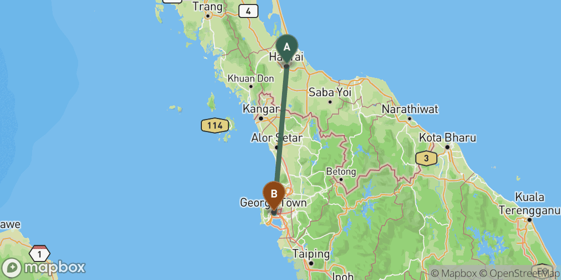 Carte montrant l’itinéraire de Hat Yai à Penang - 180 km