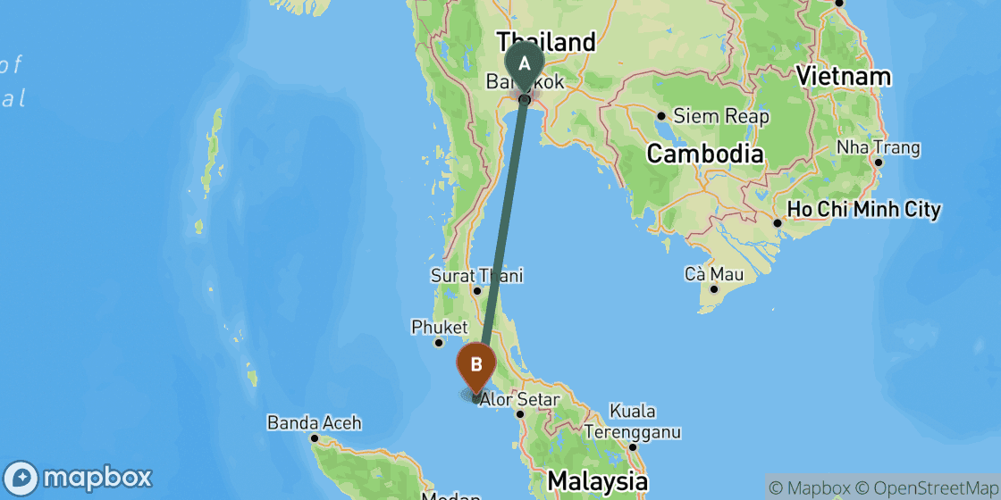 Map showing route from Bangkok to Koh Lipe - 818 km