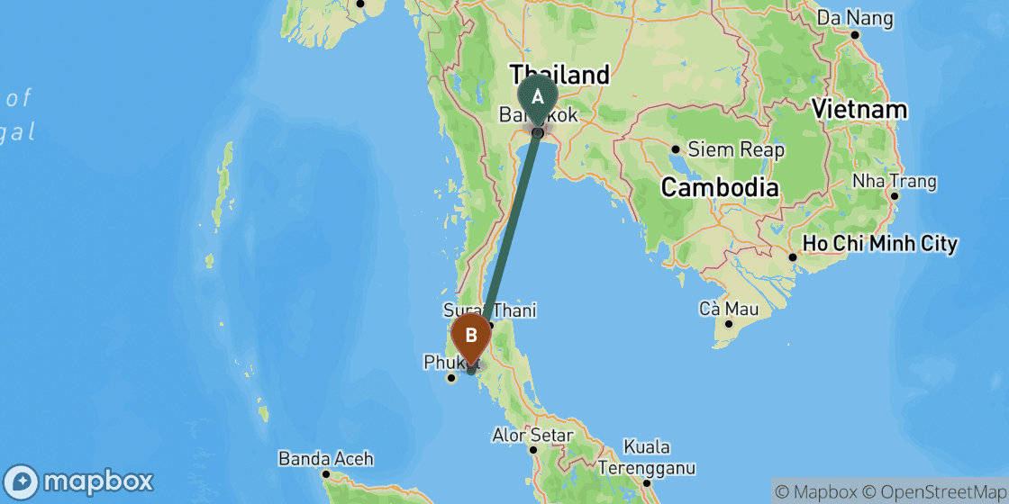 Map showing route from Bangkok to Krabi - 657 km