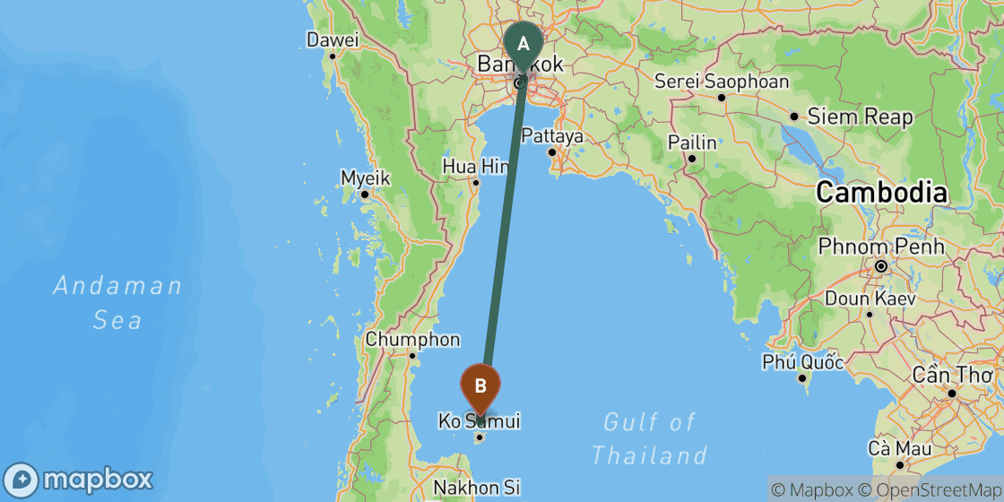 Map showing route from Bangkok to Koh Phangan - 449 km