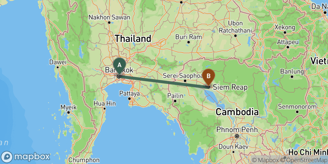 Map showing route from Bangkok to Siem Reap - 364 km