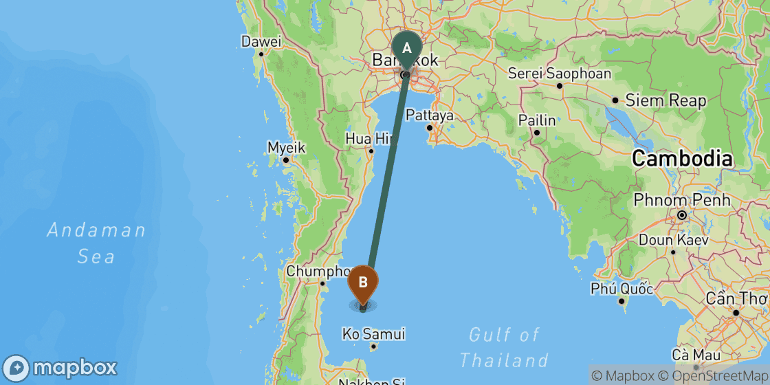 Map showing route from Bangkok to Koh Tao - 414 km