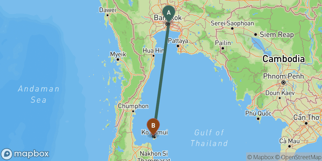 Map showing route from Bangkok to Koh Samui - 476 km