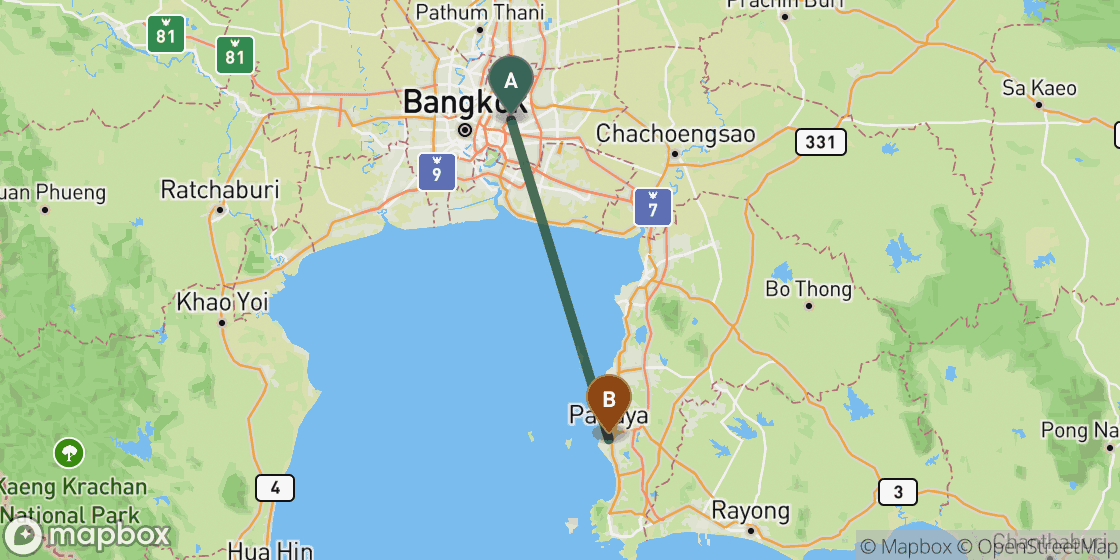Carte montrant l’itinéraire de Bangkok à Pattaya - 98 km