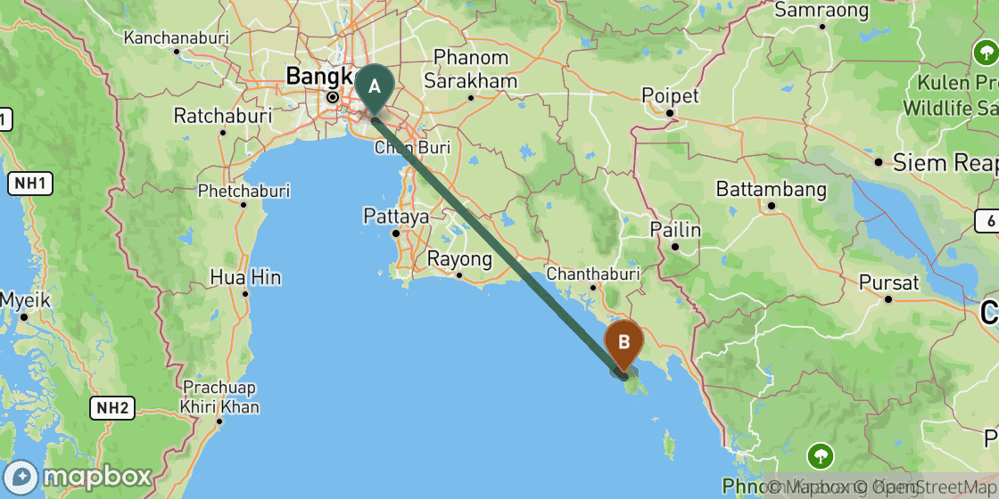 Kaart met de route van Bangkok naar Koh Chang - 270 km