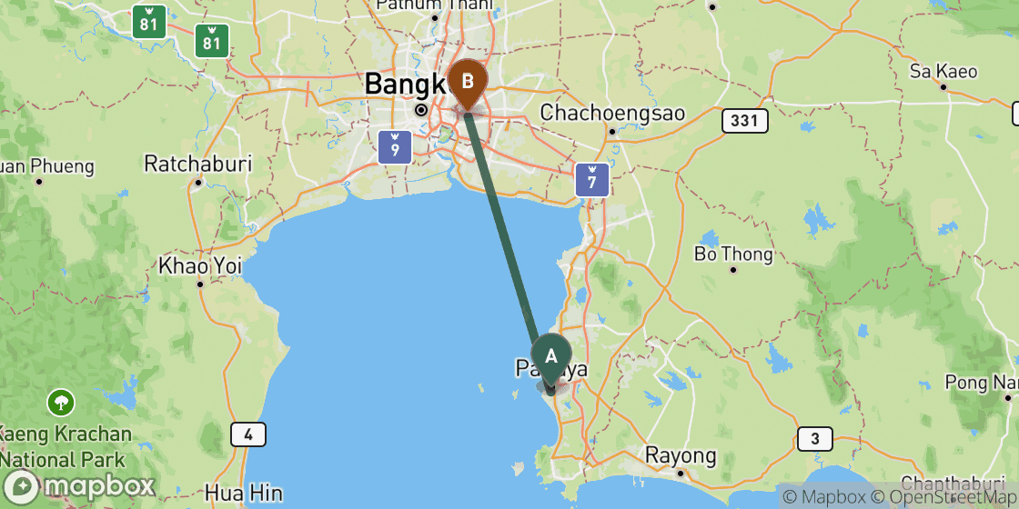 Mapa que muestra la ruta de Pattaya a Bangkok - 98 km