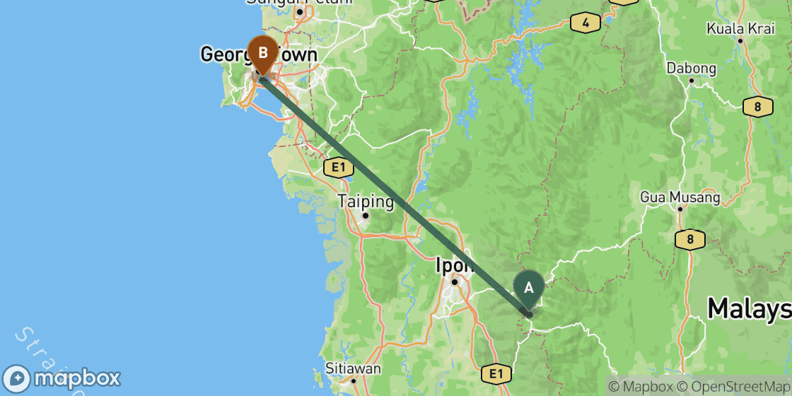 Map showing route from Cameron Highlands to Penang - 161 km