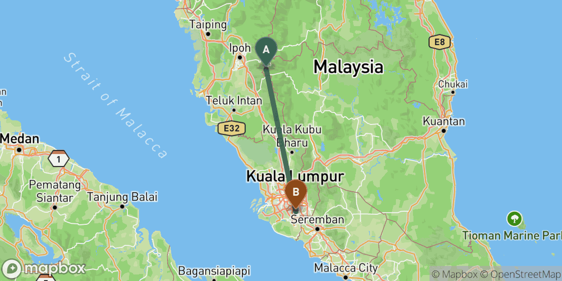 Kaart met de route van Cameron Highlands naar Kuala Lumpur - 152 km