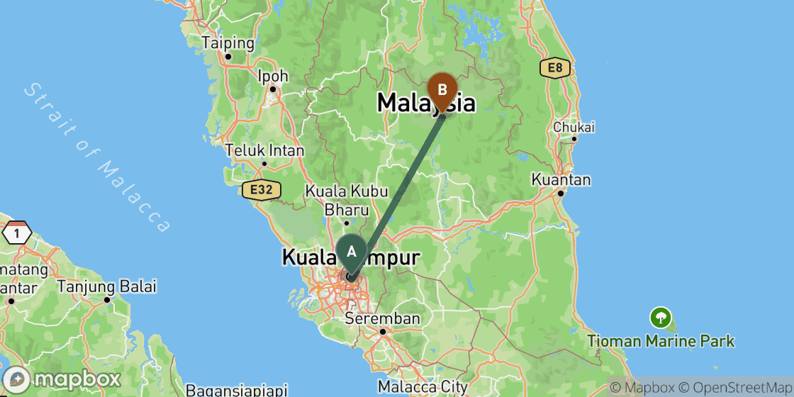 Kaart met de route van Kuala Lumpur naar Taman Negara - 193 km