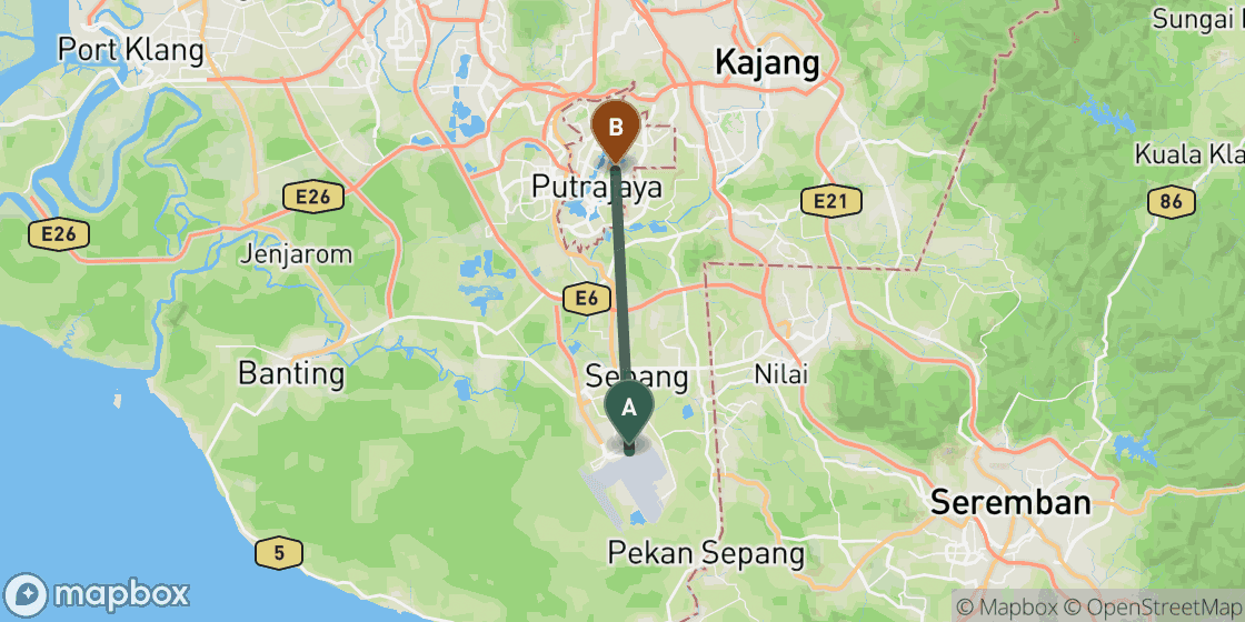 Map showing route from Kuala Lumpur Airport to Kuala Lumpur City Centre - 45 km