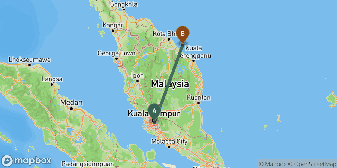 Mapa que muestra la ruta de Kuala Lumpur a Perhentian Islands - 329 km