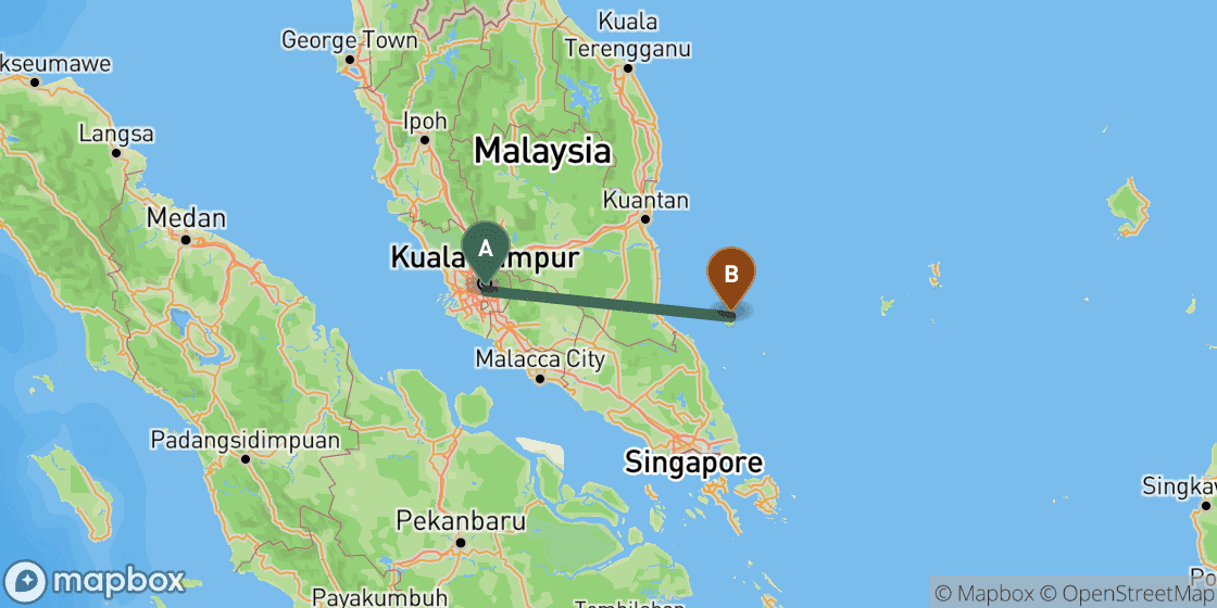 Map showing route from Kuala Lumpur to Tioman Island - 279 km