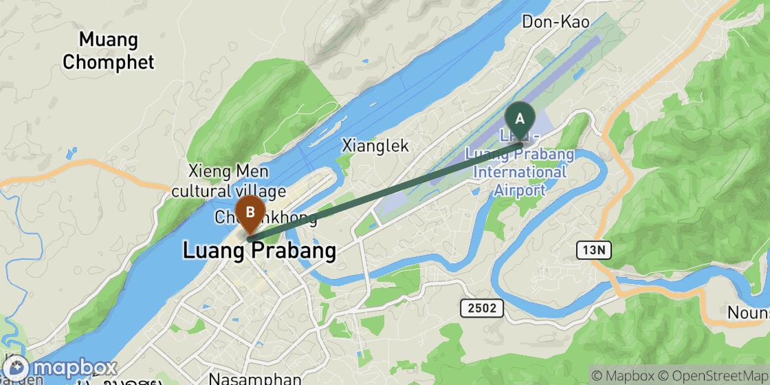 Kaart met de route van Luang Prabang Airport naar Luang Prabang City Centre - 5 km