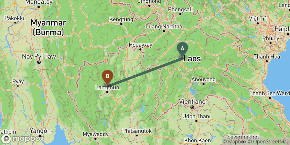 Map showing route from Luang Prabang to Chiang Mai - 352 km