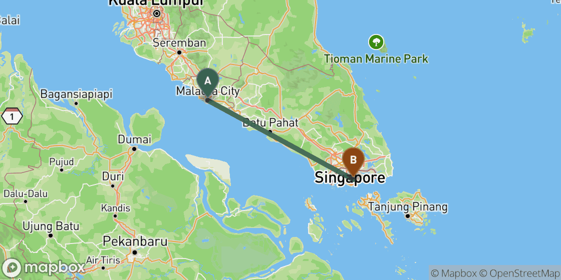 Map showing route from Melaka (Malacca) to Singapore - 195 km