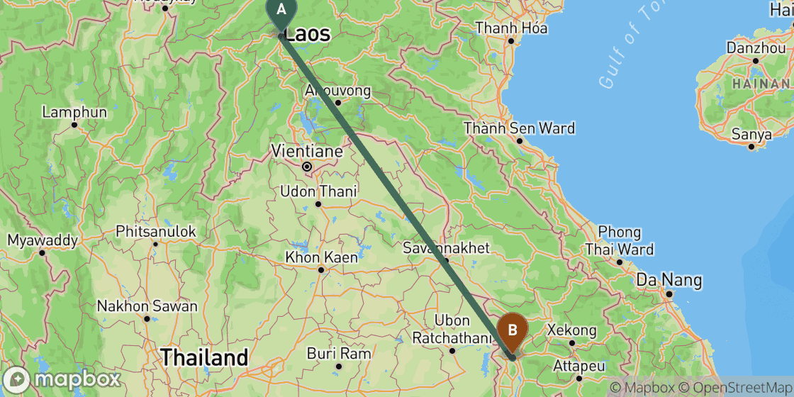 Map showing route from Luang Prabang to Pakse - 657 km