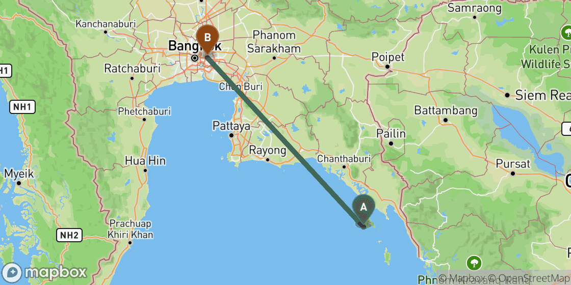Map showing route from Koh Chang to Bangkok - 270 km
