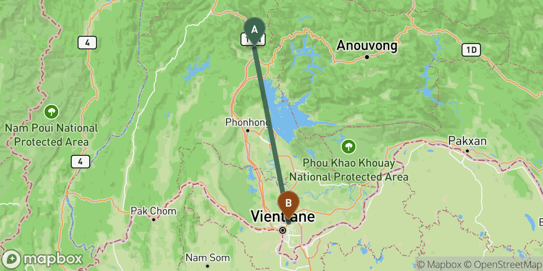 Carte montrant l’itinéraire de Vang Vieng à Vientiane - 107 km