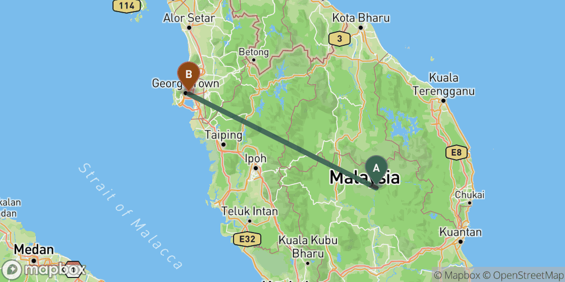Kaart met de route van Taman Negara naar Penang - 246 km