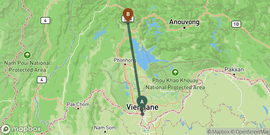 Karte mit der Route von Vientiane nach Vang Vieng - 107 km