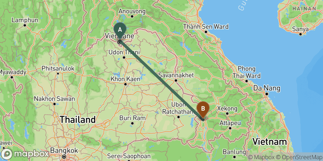 Karte mit der Route von Vientiane nach Pakse - 463 km