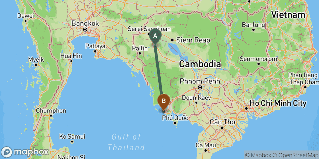 Map showing route from Battambang to Sihanoukville - 279 km