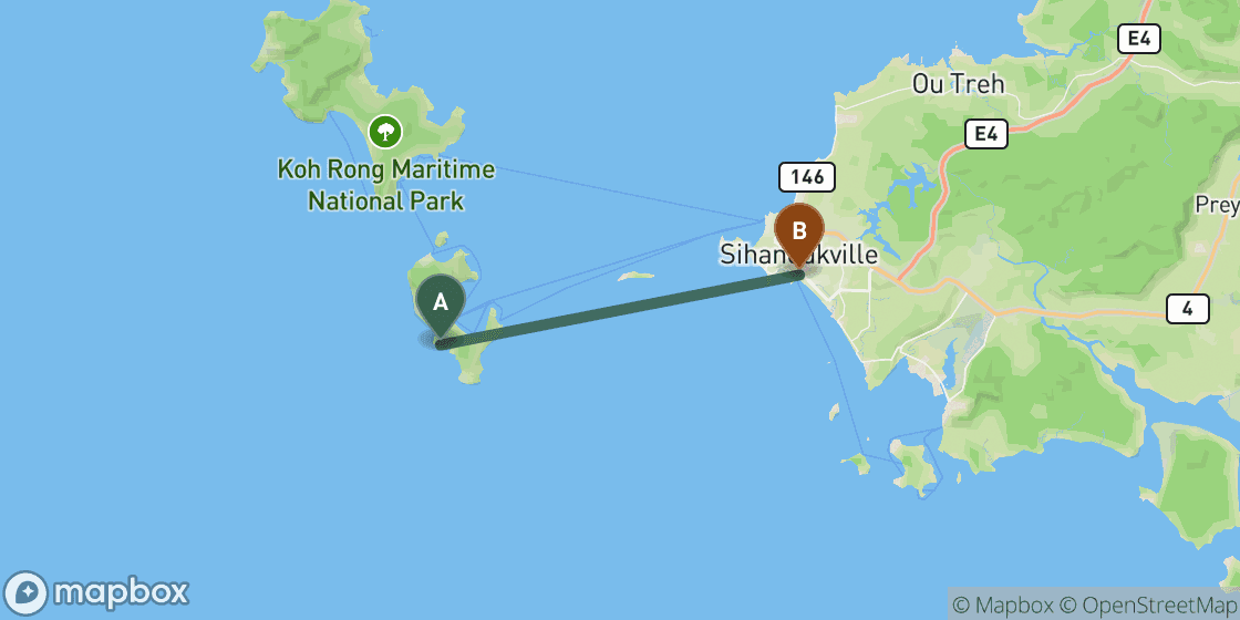 Mapa que muestra la ruta de Koh Rong Samloem a Sihanoukville - 25 km