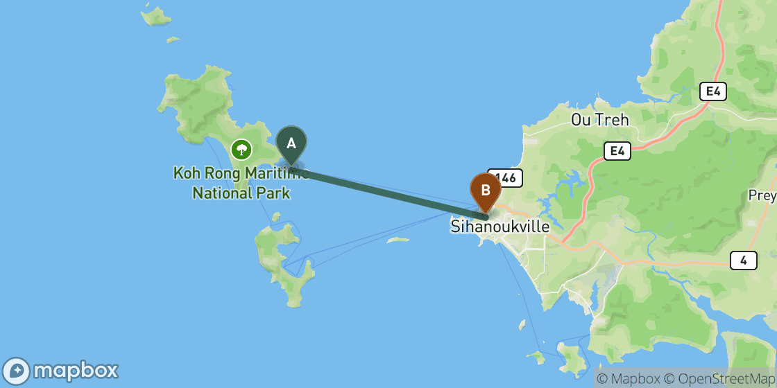 Carte montrant l’itinéraire de Koh Rong à Sihanoukville - 33 km