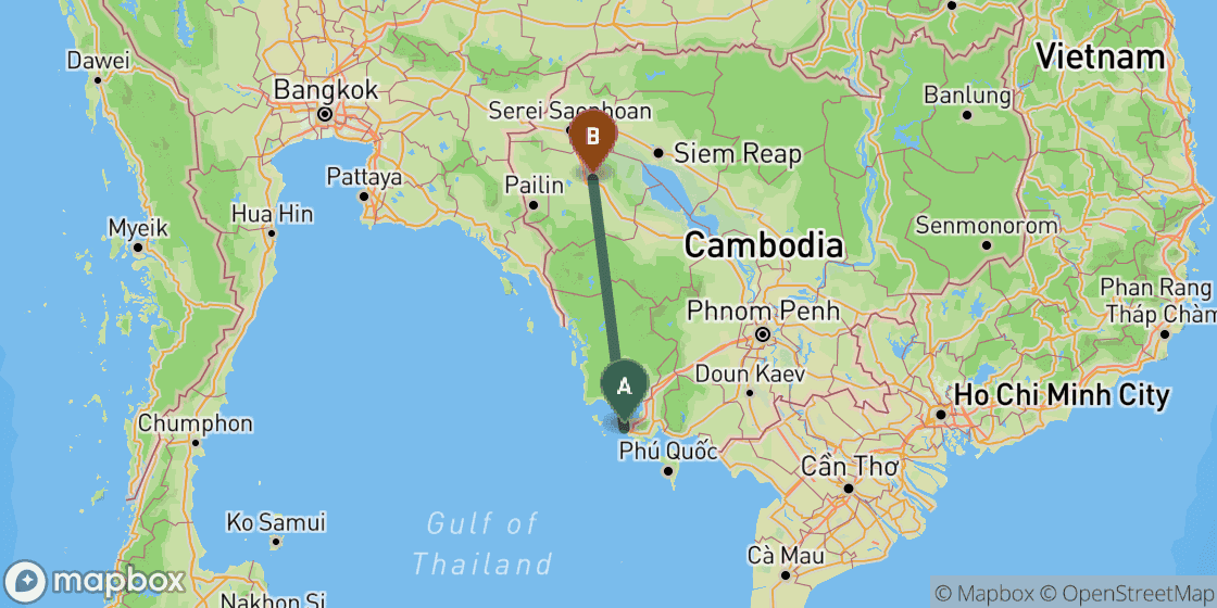 Carte montrant l’itinéraire de Sihanoukville à Battambang - 279 km