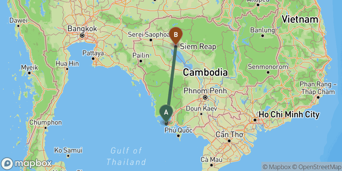 Kaart met de route van Sihanoukville naar Siem Reap - 308 km