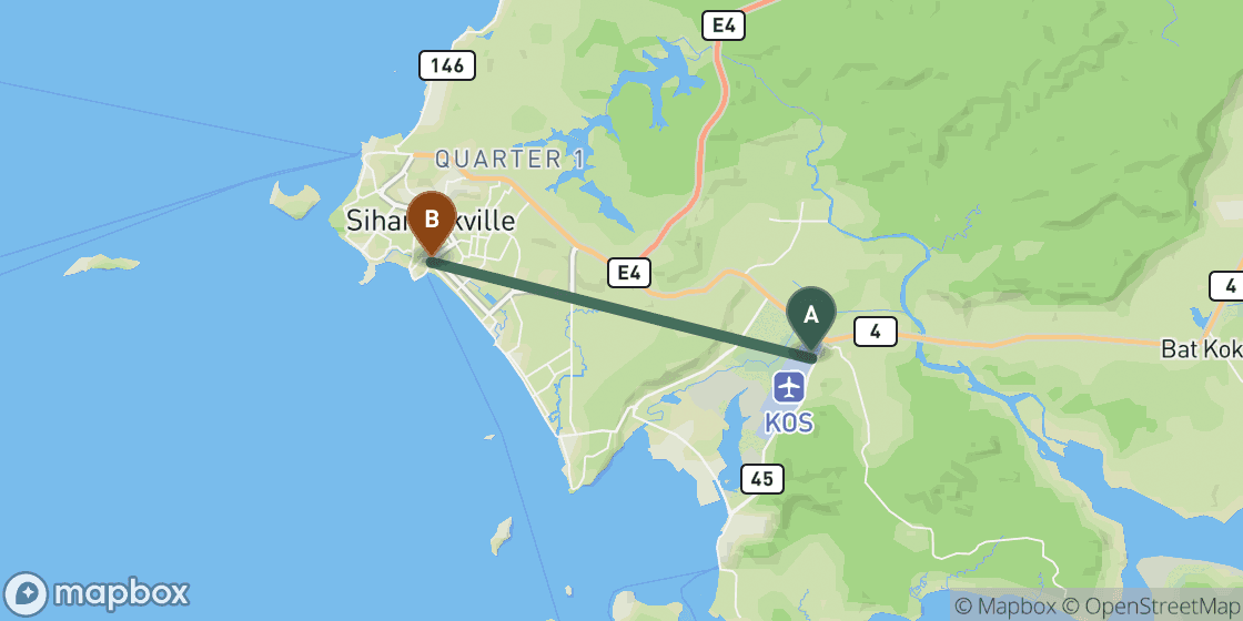 Map showing route from Sihanoukville Airport to Sihanoukville City Centre - 25 km