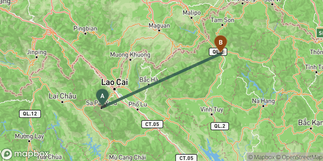 Map showing route from Sapa to Ha Giang - 128 km