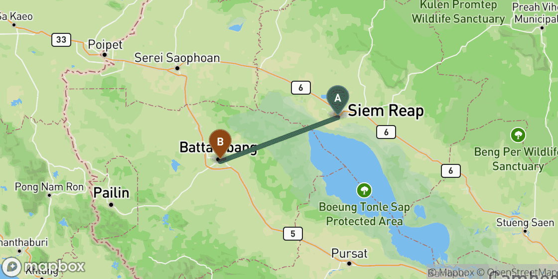 Mapa que muestra la ruta de Siem Reap a Battambang - 77 km