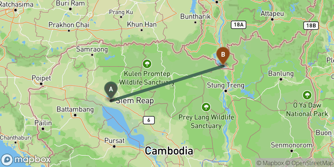 Map showing route from Siem Reap to Don Det - 233 km