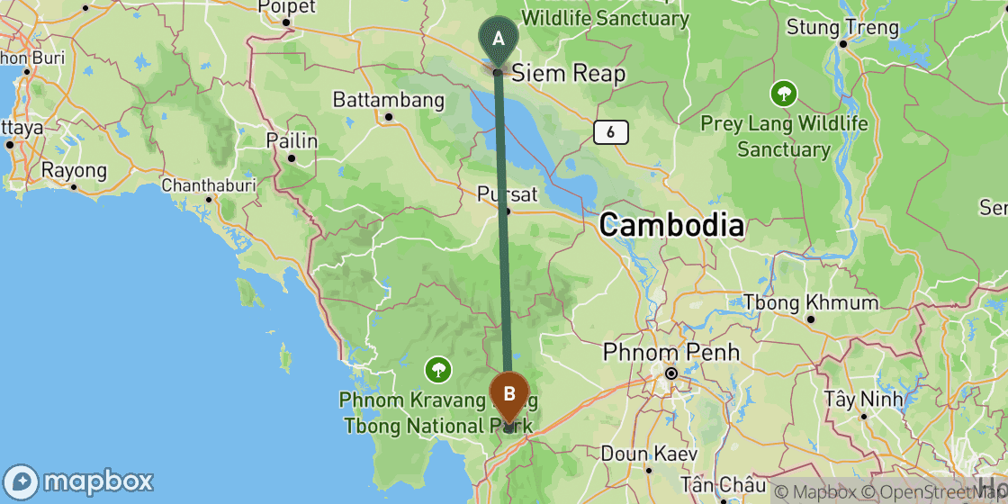 Karte mit der Route von Siem Reap nach Kampot - 309 km