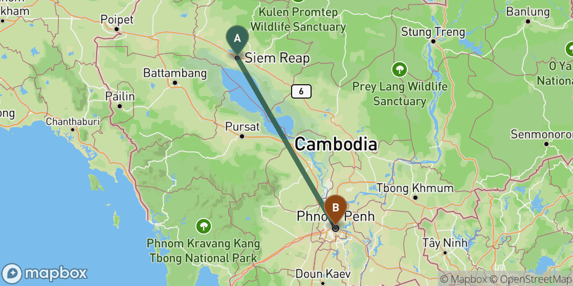 Kaart met de route van Siem Reap naar Phnom Penh - 230 km