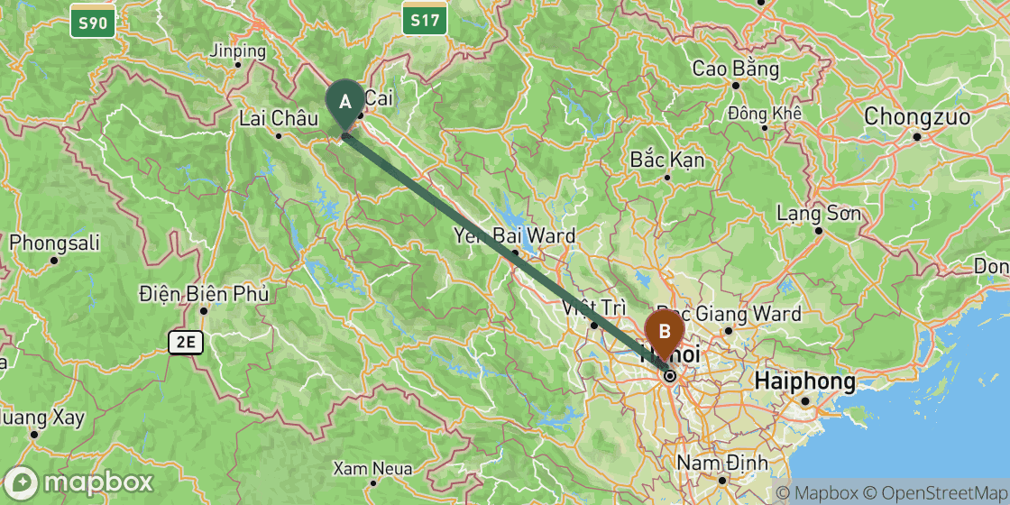 Map showing route from Sapa to Hanoi - 253 km