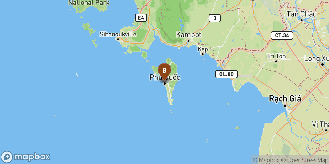 Kaart met de route van Rach Gia Port naar Phu Quoc City Centre - 155 km