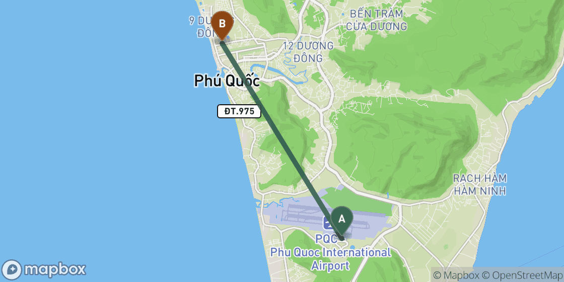 Carte montrant l’itinéraire de Phu Quoc Airport à Phu Quoc City Centre - 20 km
