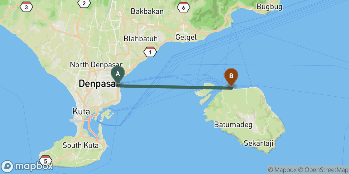 Kaart met de route van Bali naar Nusa Penida - 41 km