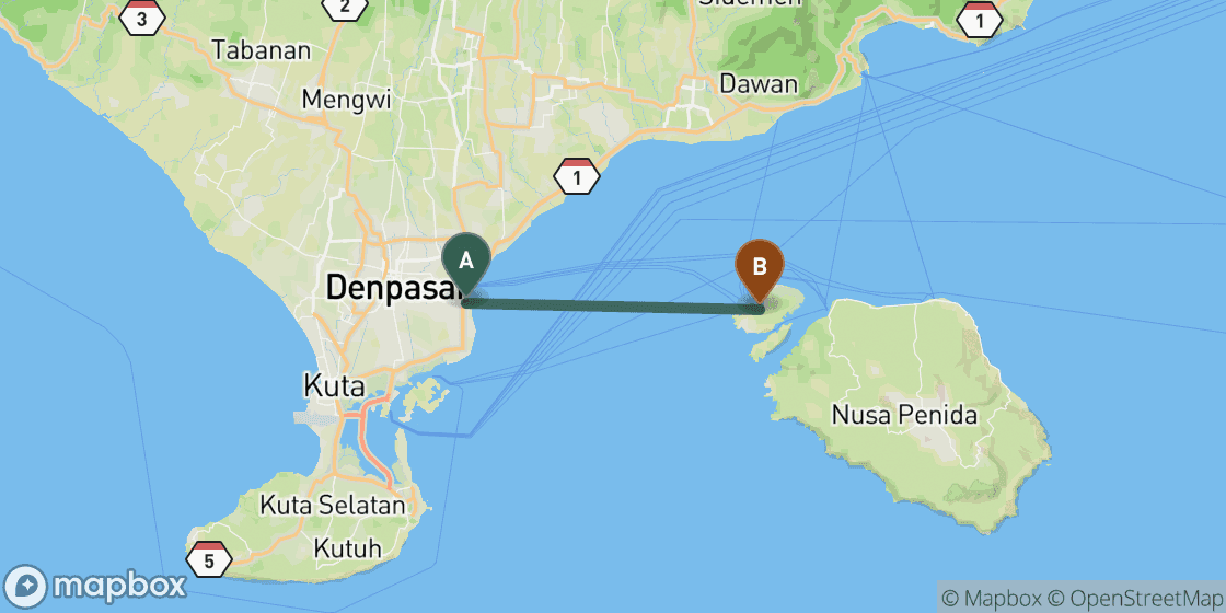 Mapa que muestra la ruta de Bali a Nusa Lembongan - 41 km