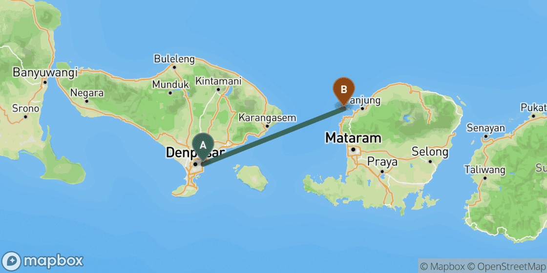 Kaart met de route van Bali naar Gili Islands - 96 km