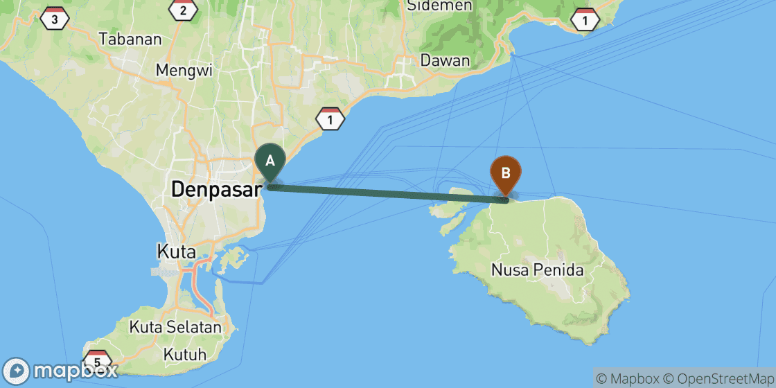Karte mit der Route von Bali nach Nusa Penida - 41 km