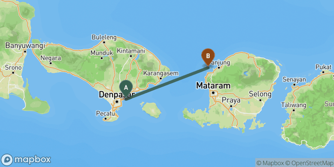 Mapa que muestra la ruta de Bali a Gili Islands - 96 km
