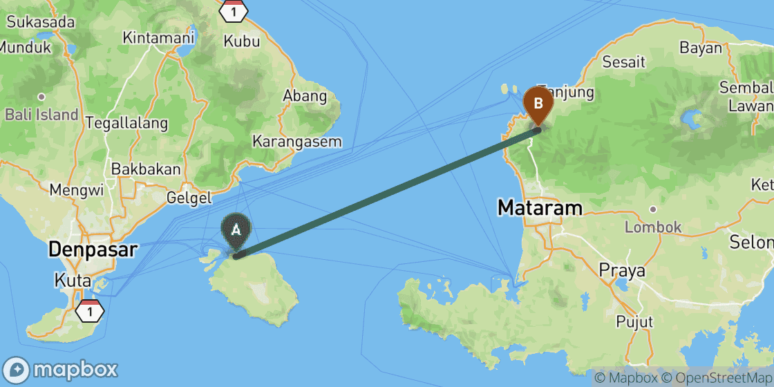 Map showing route from Nusa Penida to Lombok - 96 km